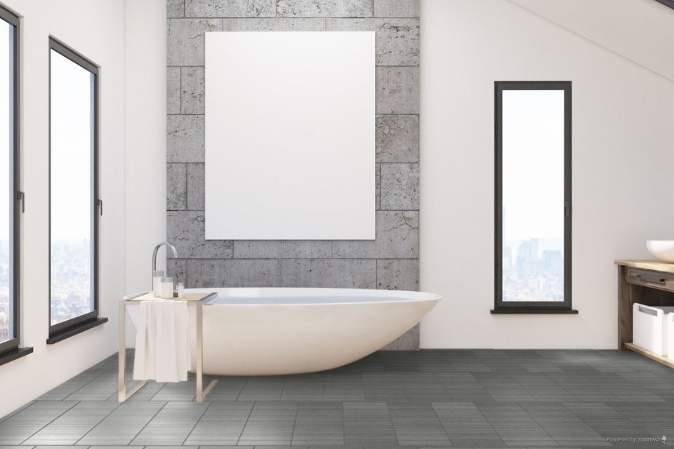 large gray floor tile in spacious bathroom